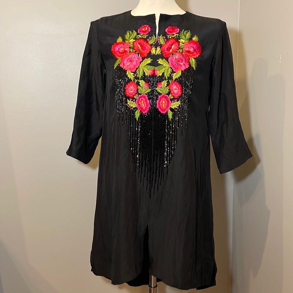 KHAADI KHAAS 100% Silk Embroidered Tunic Top BLACK / Size 8